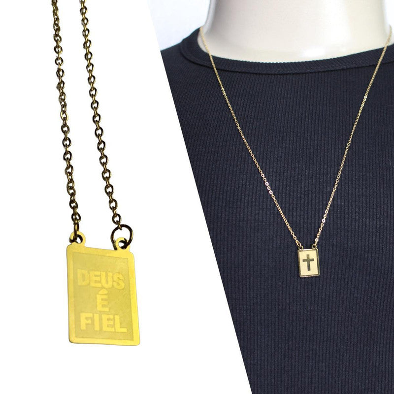 Corrente Aço Cirúrgico DOURADO Escapulário DOURADO  DEUS É FIEL - EMR 002