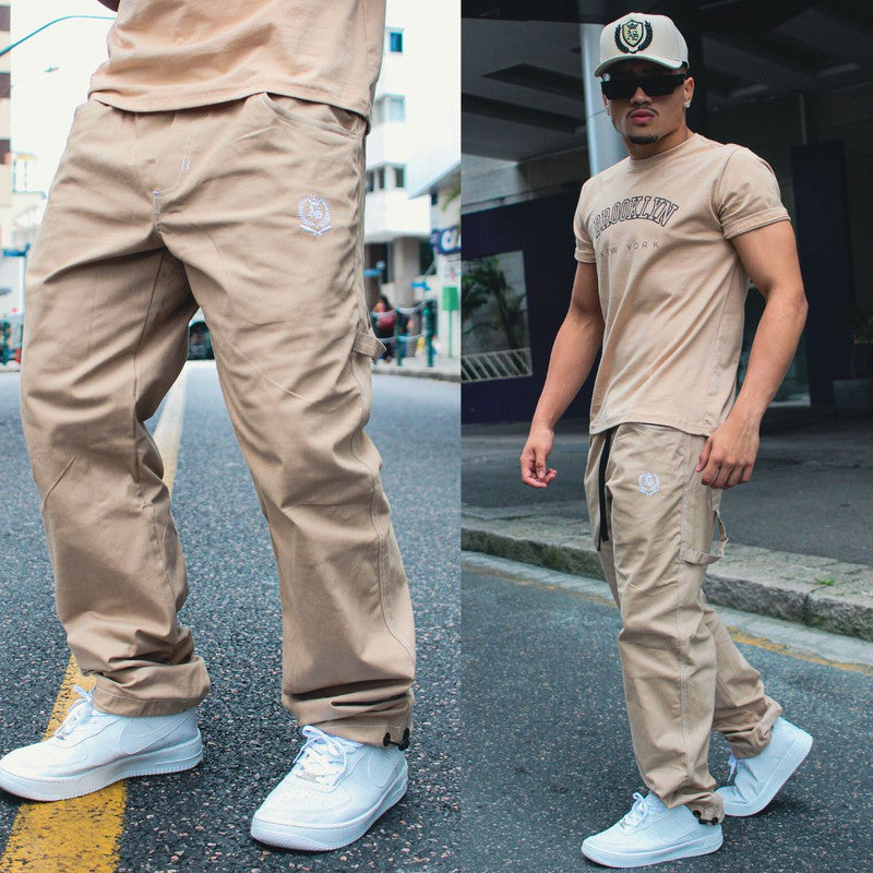 Calça Tradicional Reta Cargo BEGE Street Boss PLUS SIZE