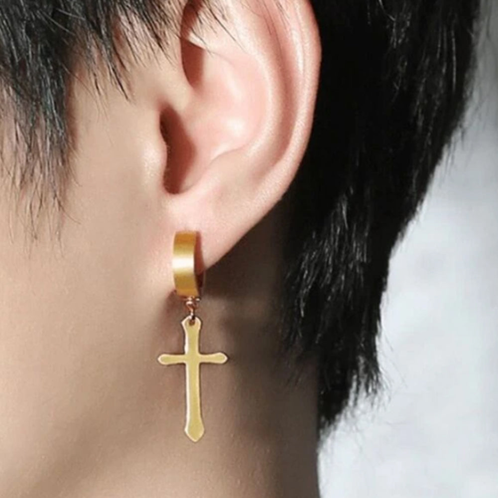 Brinco Aço 316L  Argola de 5 mm Com Cruz - EMR 004