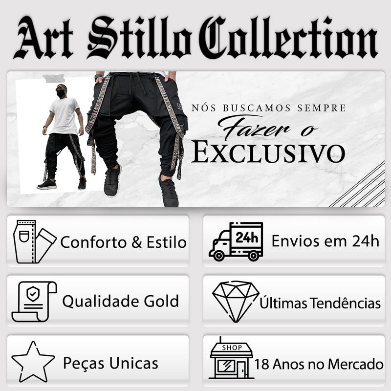 Calça Jogger Masculina PRETA Trend Suspenders Tracks BRANCA PLUS SIZE