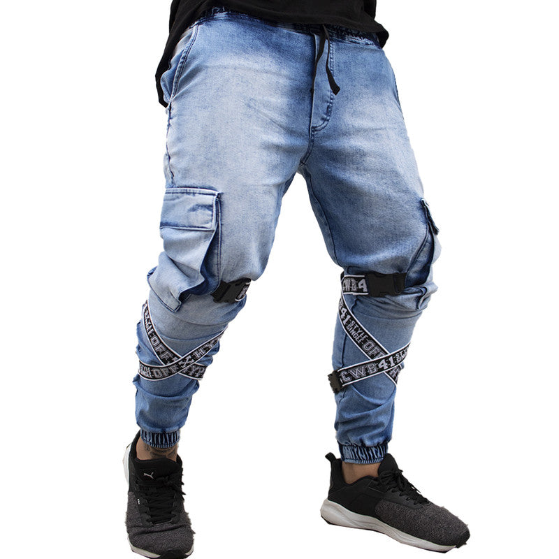 Calça Jogger Masculina JEANS AZUL Com Fitas BRANCA