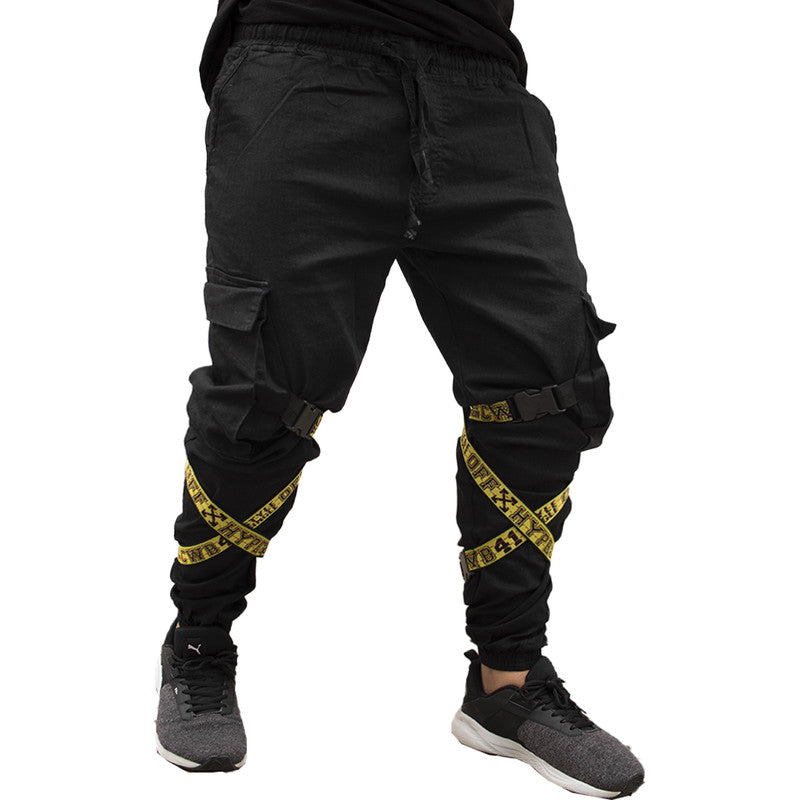 Calça Jogger Masculina PRETA Com Fitas AMARELA