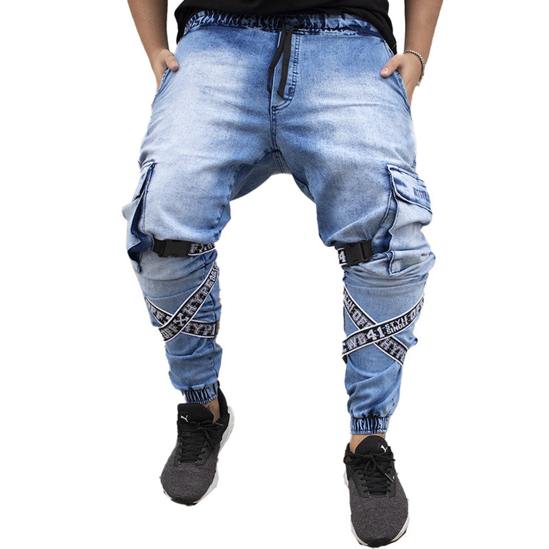 Calça Jogger Masculina JEANS AZUL Com Fitas BRANCA