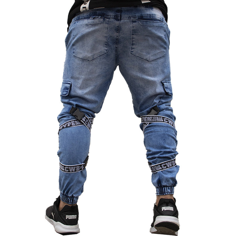 Calça Jogger Masculina JEANS AZUL Com Fitas BRANCA