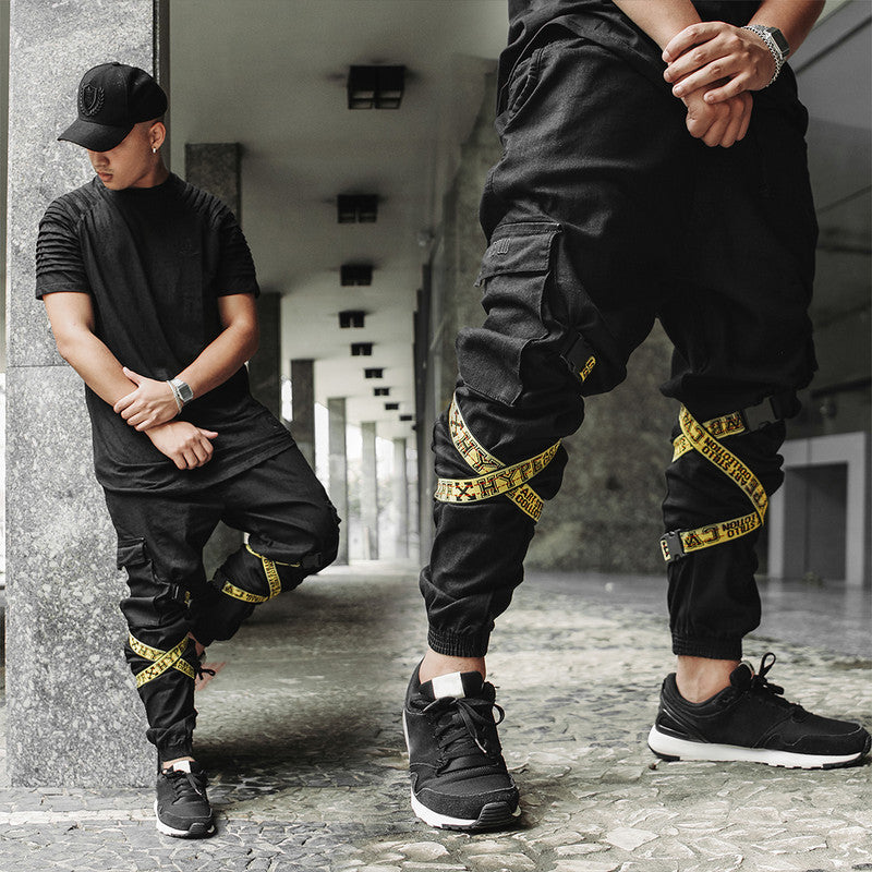 Calça Jogger Masculina PRETA Com Fitas AMARELA