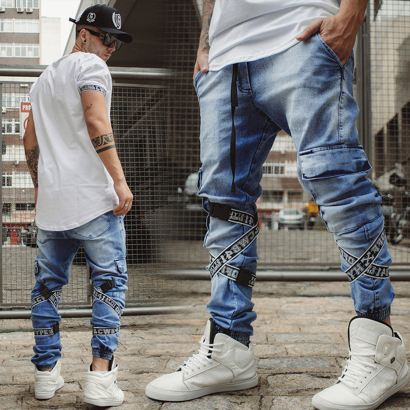 Calça Jogger Masculina JEANS AZUL Com Fitas BRANCA