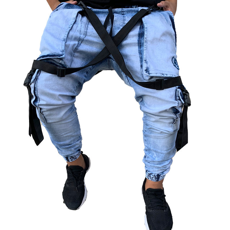 Calça Jogger Masculina JEANS AZUL Trend Suspenders Tracks PLUS SIZE