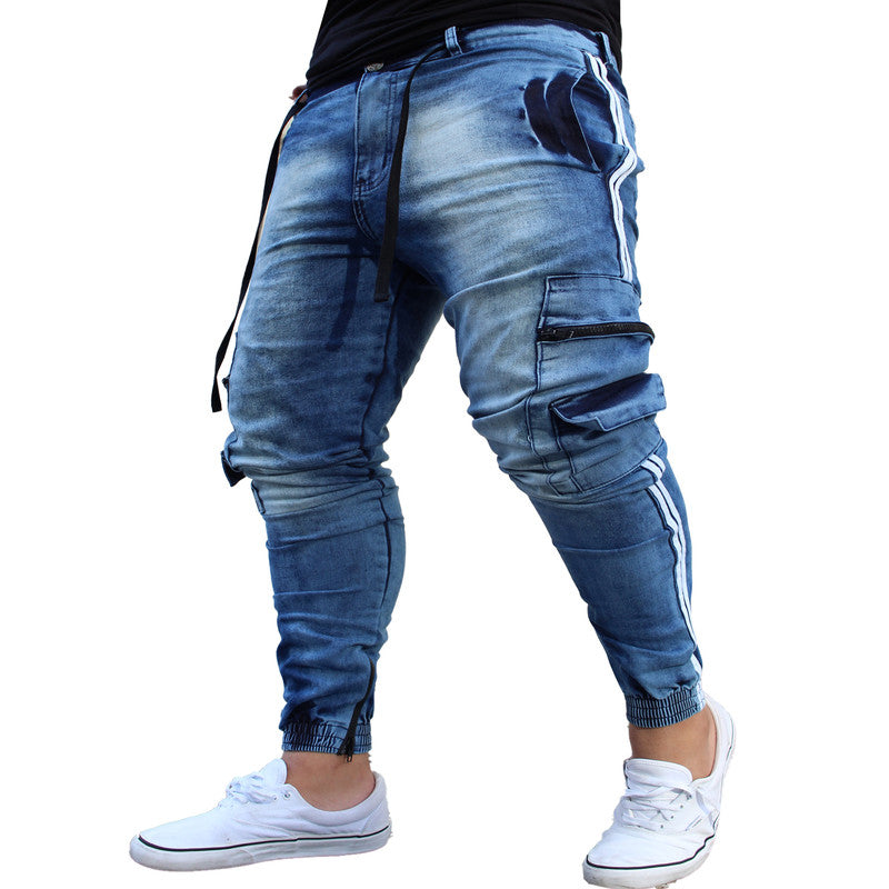 Calça Jogger Masculina JEANS AZUL Cargo Linha Lateral