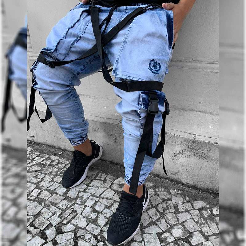 Calça Jogger Masculina JEANS AZUL Trend Suspenders Tracks PLUS SIZE