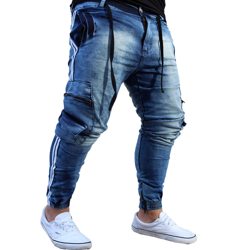 Calça Jogger Masculina JEANS AZUL Cargo Linha Lateral PLUS SIZE
