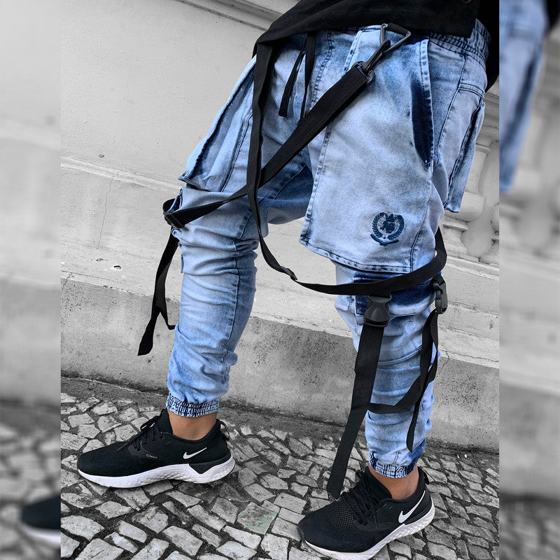 Calça Jogger Masculina JEANS AZUL Trend Suspenders Tracks