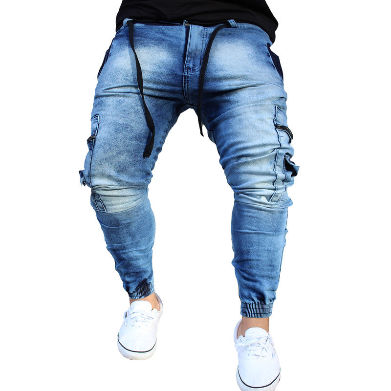 Calça Jogger Masculina JEANS AZUL Cargo Linha Lateral PLUS SIZE