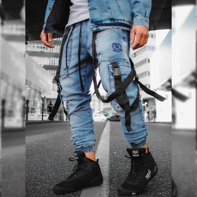 Calça Jogger Masculina JEANS AZUL Trend Suspenders Tracks