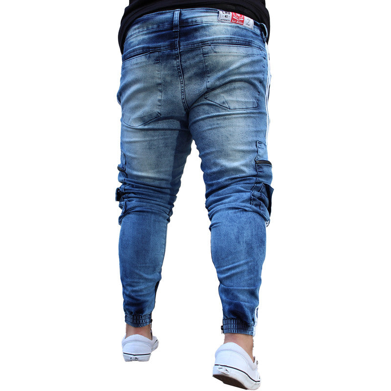 Calça Jogger Masculina JEANS AZUL Cargo Linha Lateral PLUS SIZE