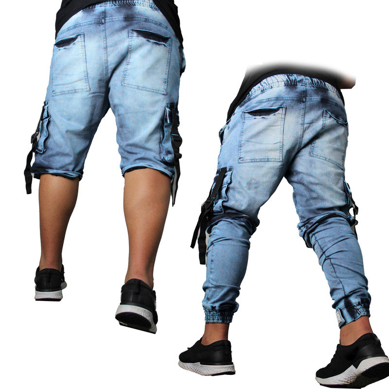 Calça Jogger Masculina JEANS AZUL Cargo Track Short PLUS SIZE