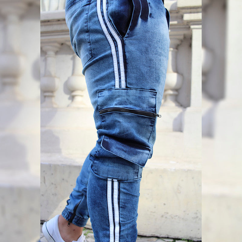 Calça Jogger Masculina JEANS AZUL Cargo Linha Lateral PLUS SIZE