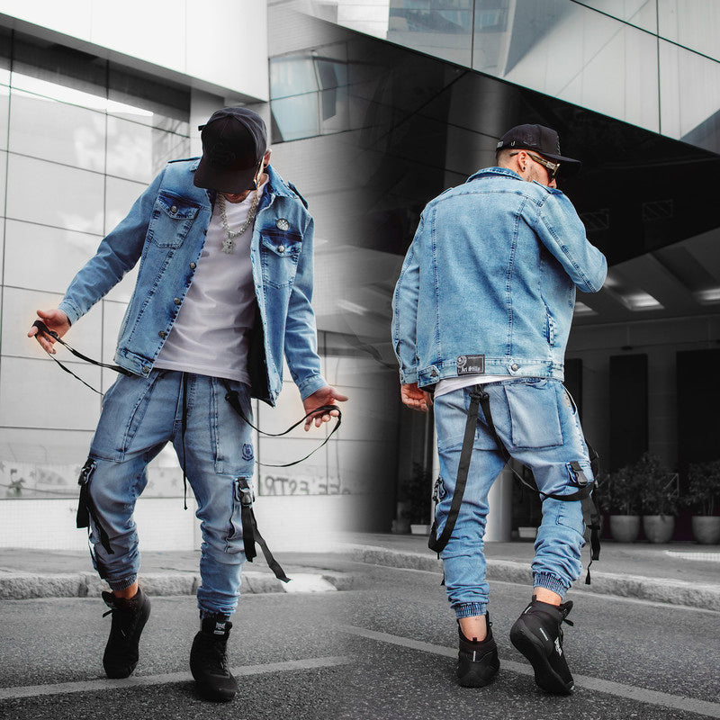 Calça Jogger Masculina JEANS AZUL Trend Suspenders Tracks