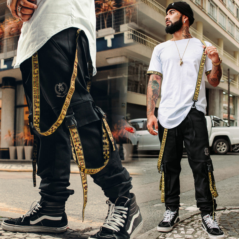 Calça Jogger Masculina PRETA Trend Suspenders Tracks AMARELA PLUS SIZE