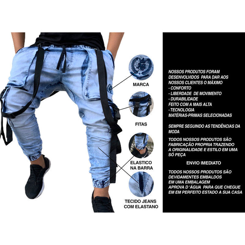 Calça Jogger Masculina JEANS AZUL Trend Suspenders Tracks