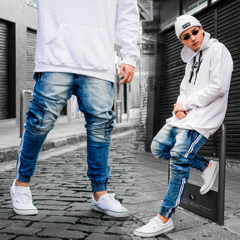Calça Jogger Masculina JEANS AZUL Cargo Linha Lateral PLUS SIZE