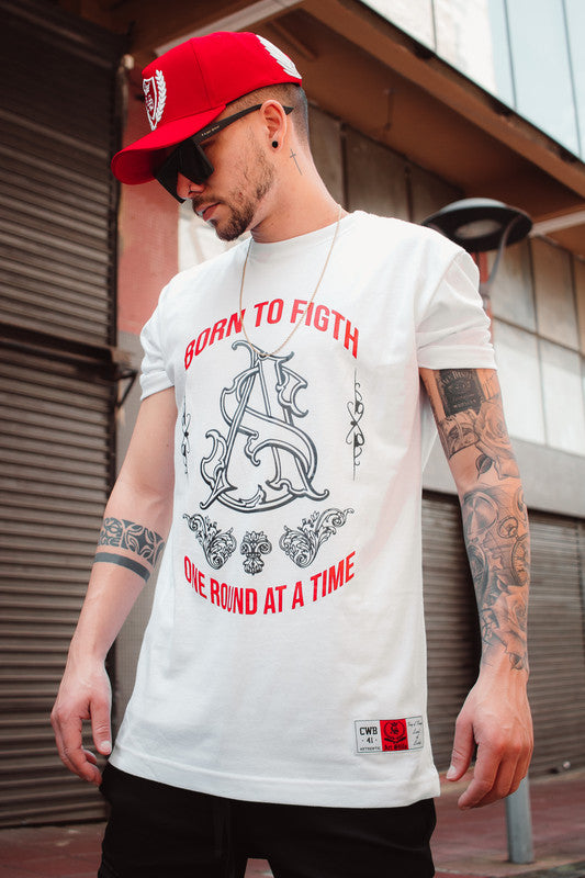 Camiseta Masculina Tradicional BORN TO FIGHT cor BRANCA