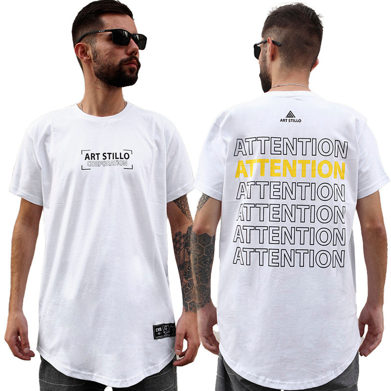 Camiseta Art Stillo Branca Masculina Long Line Attention