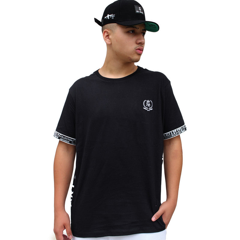 Camiseta Art Stillo Long Line Masculina Preta Fita Branca Escrita Manga