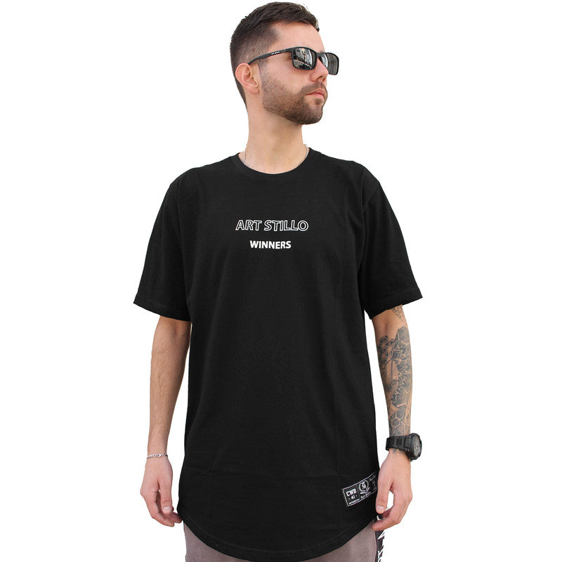 Camiseta Art Stillo Masculina Preta Long Line Winner Make Don't Excuses