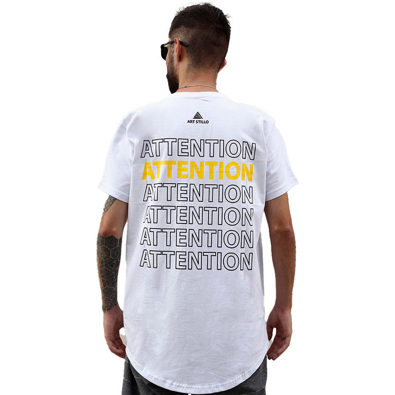 Camiseta Art Stillo Branca Masculina Long Line Attention