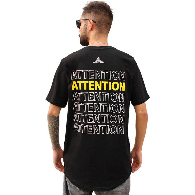 Camiseta Art Stillo Masculina Preta  Long Line Attention
