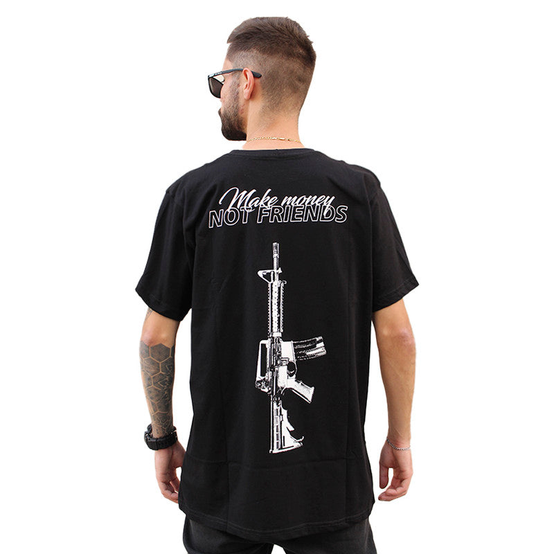 Camiseta Art Stillo Preta Masculina Tradicional Make Monei not Friends