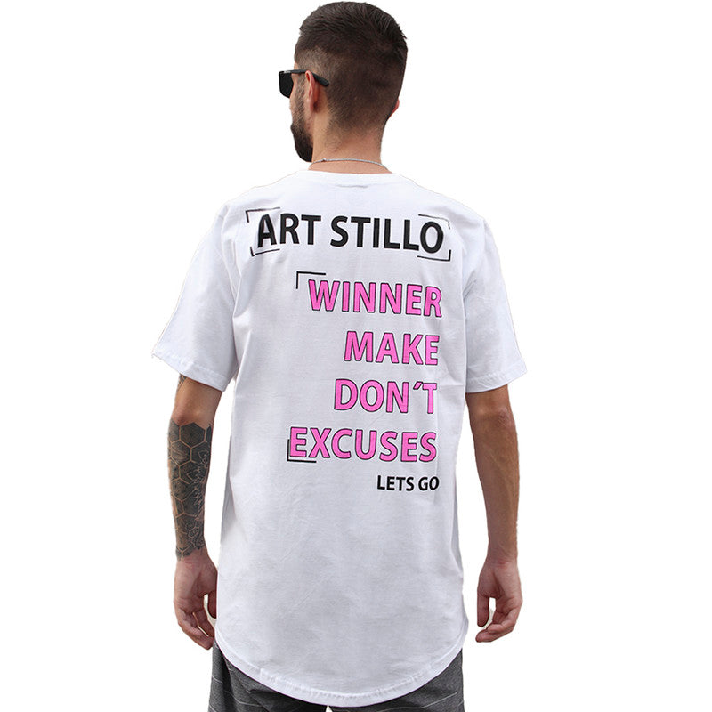 Camiseta Art Stillo Branca Masculina LongLine Winner Make Don't Excuses
