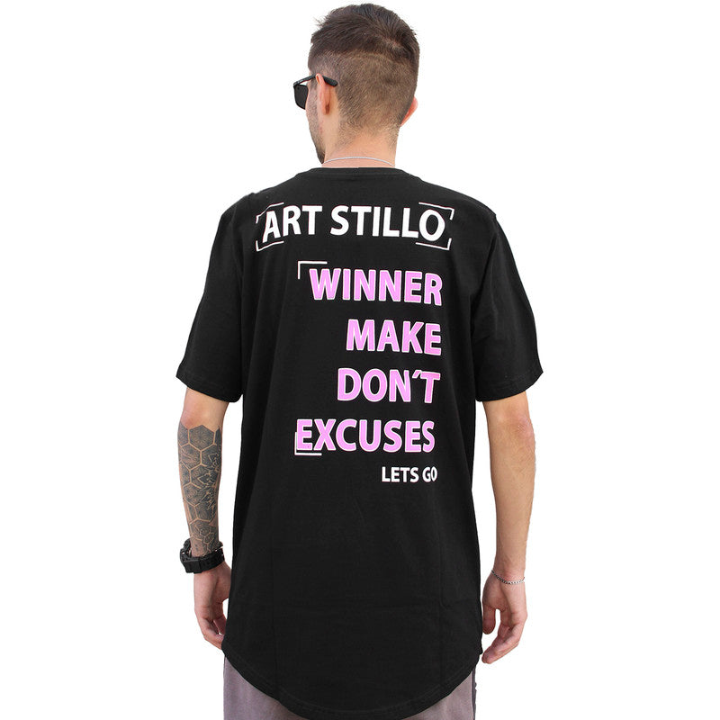 Camiseta Art Stillo Masculina Preta Long Line Winner Make Don't Excuses