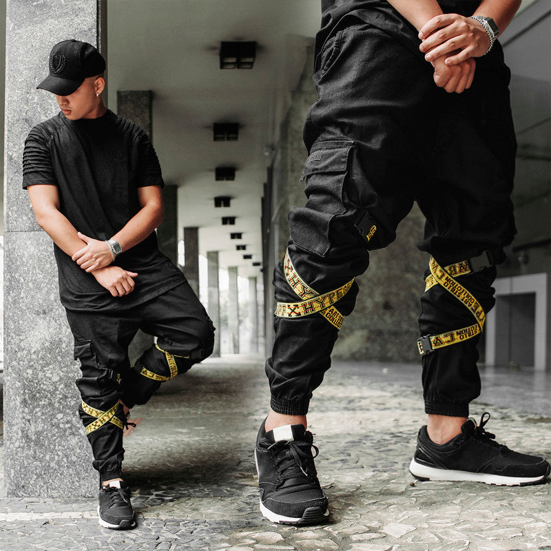 Calça Jogger Masculina PRETA Com Fitas AMARELA PLUS SIZE