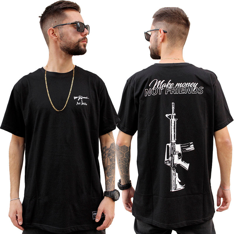 Camiseta Art Stillo Preta Masculina Tradicional Make Monei not Friends
