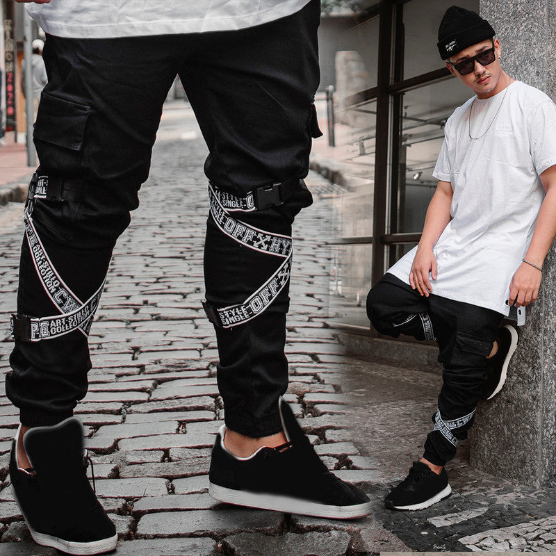 Calça Jogger Masculina PRETA Com Fitas BRANCA