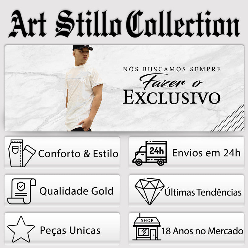 Camiseta Art Stillo Long Line Oversized Masculina Branca Veludo