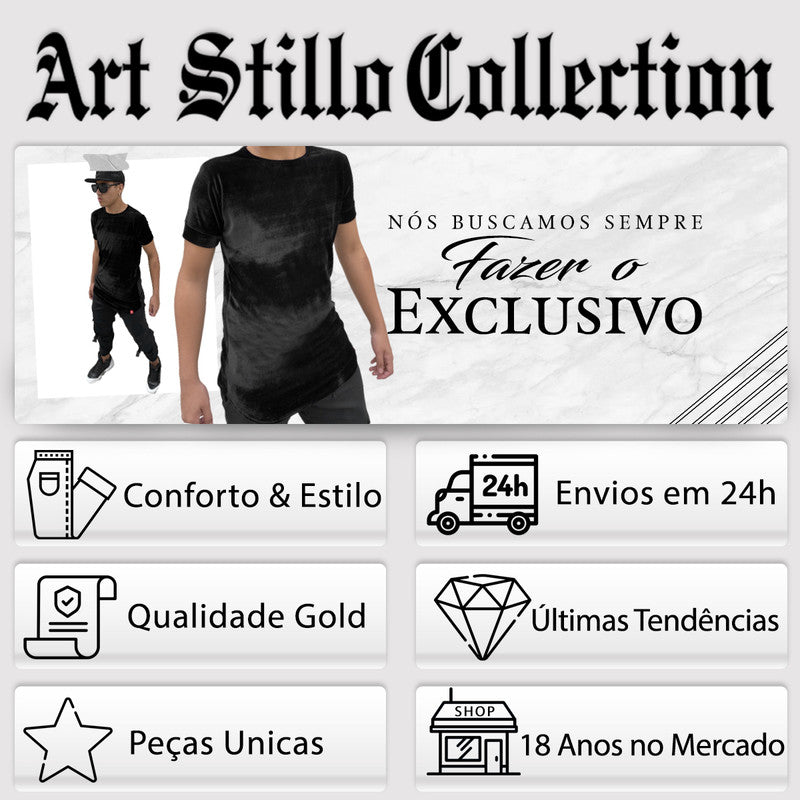 Camiseta Art Stillo Long Line  Oversized Masculina Preta Veludo